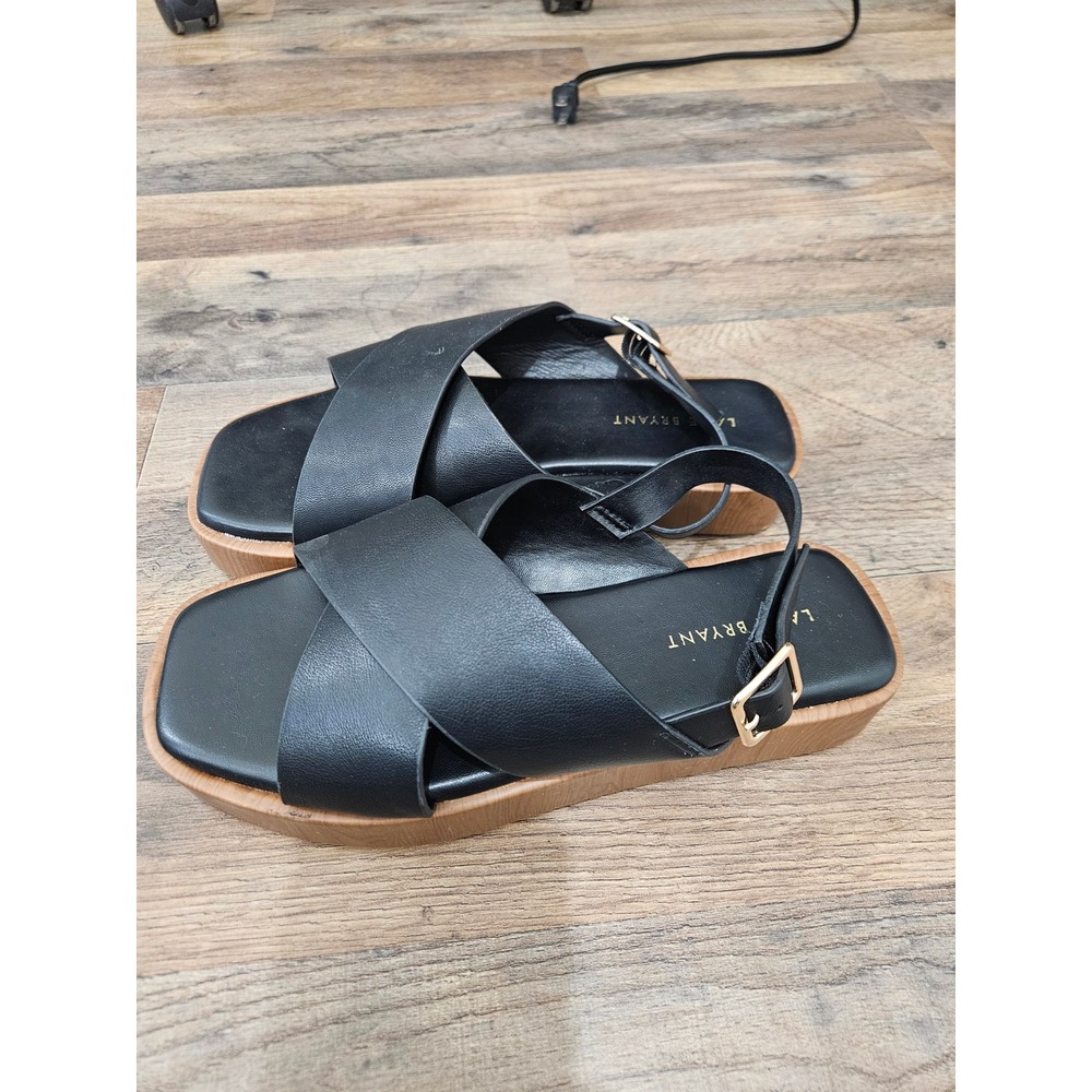 Lane Bryant Black Crisscross Slingback Platform Sandals 8W Wood Grain Sole BNWT